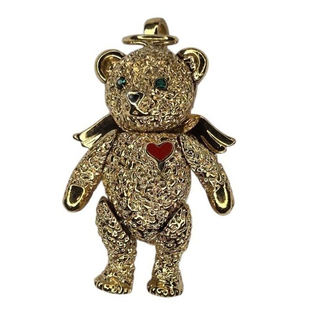 BATYA Brooch Pendant Gold Tone Angel Teddy Bear Movable Heart Wings